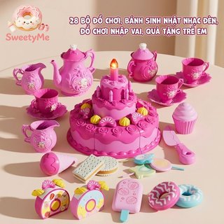 Trẻ Em Bánh Sinh Nhật Đồ Chơi Âm Nhạc Ánh Sáng ABS Giả Vờ Chơi Tiệc Trà Quà Tặng Bộ Màu Hồng