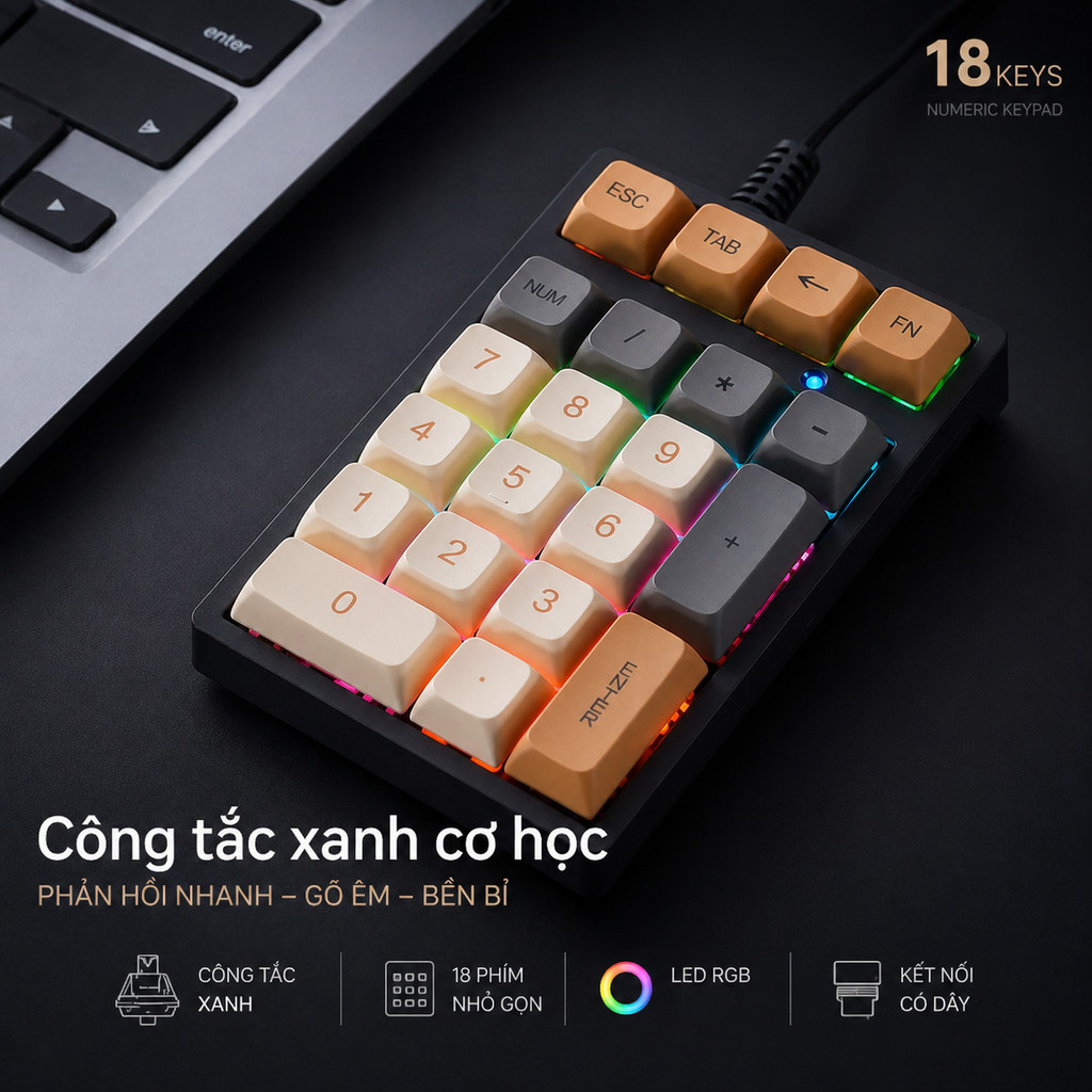 Bàn Phím Cơ Kaluru T21 Switch Xanh 21 Phím Numpad RGB Cho Laptop Kế ...
