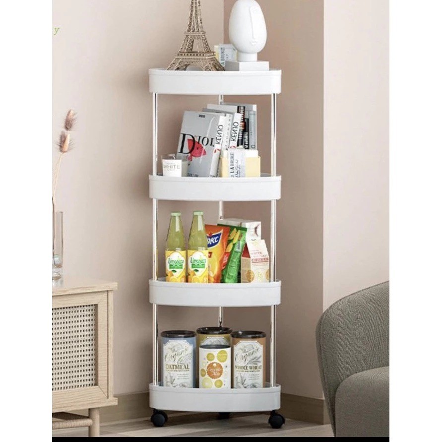 Kệ Để Đồ Nhà Bếp , Phòng Tắm Góc Tường Tam Giác 4 Tầng Có Bánh Xe [ màu trắng]