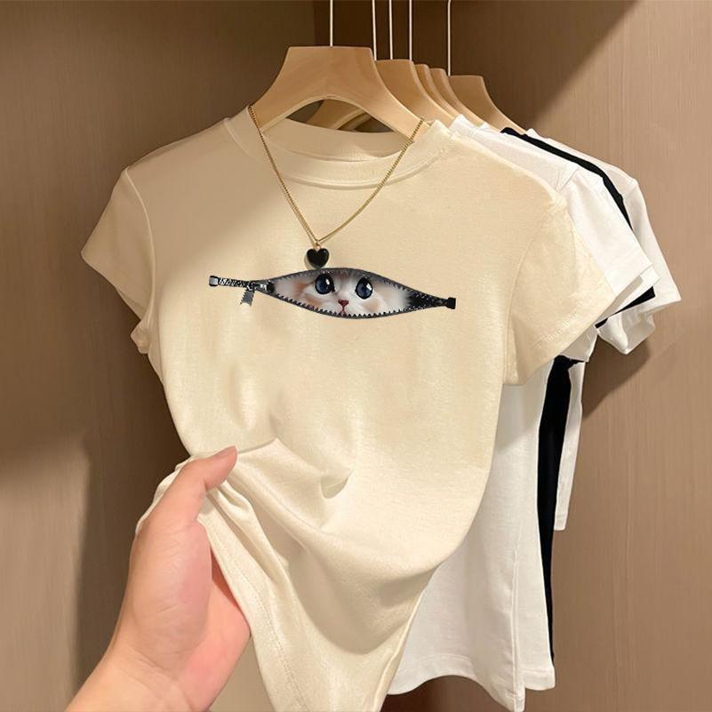 BOOM Áo Baby Tee Nữ Cotton Ôm Body-Áo Thun Ngắn Tay Y2K In Hình PhongCách Mùa Hè, Cổ Tròn Hàng Đầucách hàn quốc phongR61