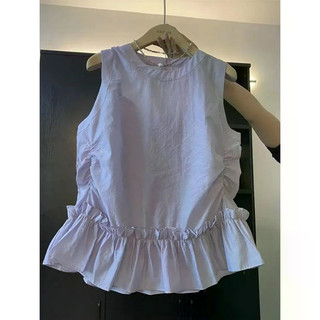 Áo sơ mi không tay cho bé gái với thiết kế agaric hem, xếp ly nẹp-waist, màu tím đỏ đơn giản và thời thượng