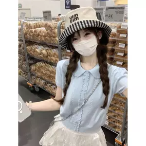 Áo thun dệt kim ngắn tay màu xanh Hàn Quốc dành cho nữ mùa hè Áo ngắn phong cách Preppy nhỏ