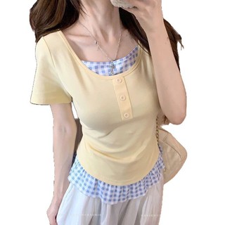 Plus Size Kẻ Sọc Chắp Vá Giả Hai Mảnh Tay Ngắn Áo Nữ Rời Mỏng Mùa Hè Top