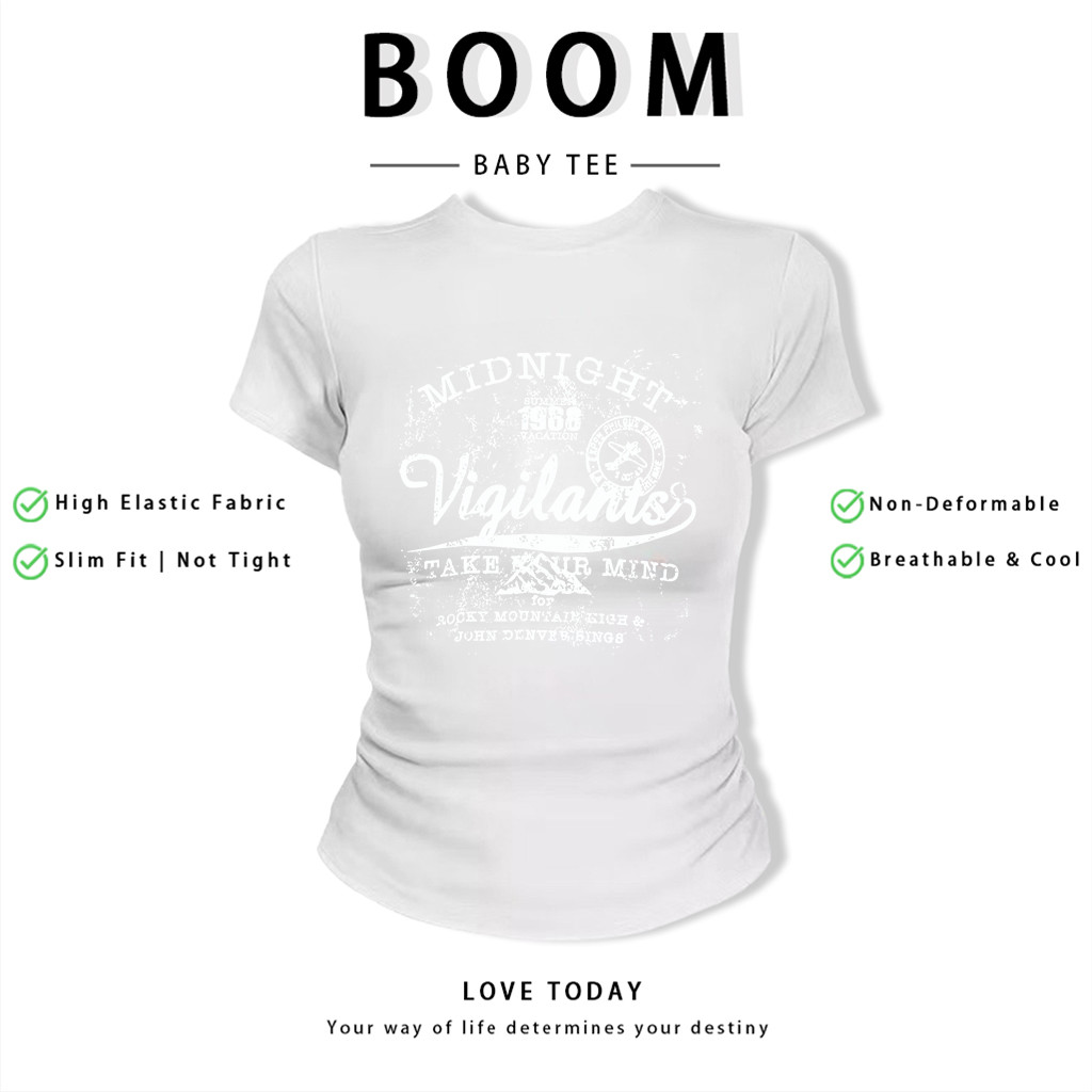 BOOM Áo Baby Tee Nữ Cotton Ôm Body-Áo Thun Ngắn Tay Y2K In Hình PhongCách Mùa Hè, Cổ Tròn Hàng Đầucách hàn quốc phongV38