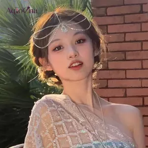 AqToCna Handmade Ngọt Ngào Cưới Mũ Pha Lê Cô Dâu Đầu Dây Xích Tiara Tóc Trang Sức Nữ Kim Cương Giả Phụ Kiện Đầu Trước AqToCna
