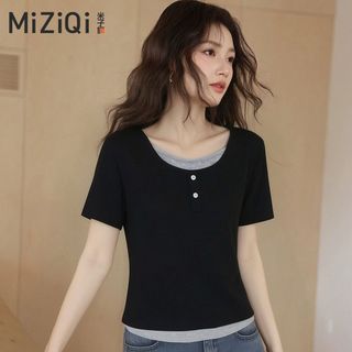 【MiZiQi】 Áo thun ngắn tay giả hai mảnh cotton nguyên chất dành cho nữ, áo giảm béo mùa hè cho nữ