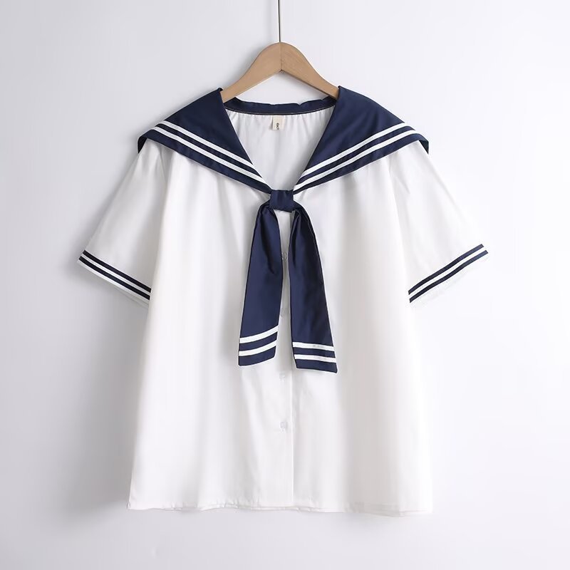 Áo sơ mi nữ Cotton Hàn Quốc, Dây buộc hải quân, Tay ngắn dáng rộng cho học sinh