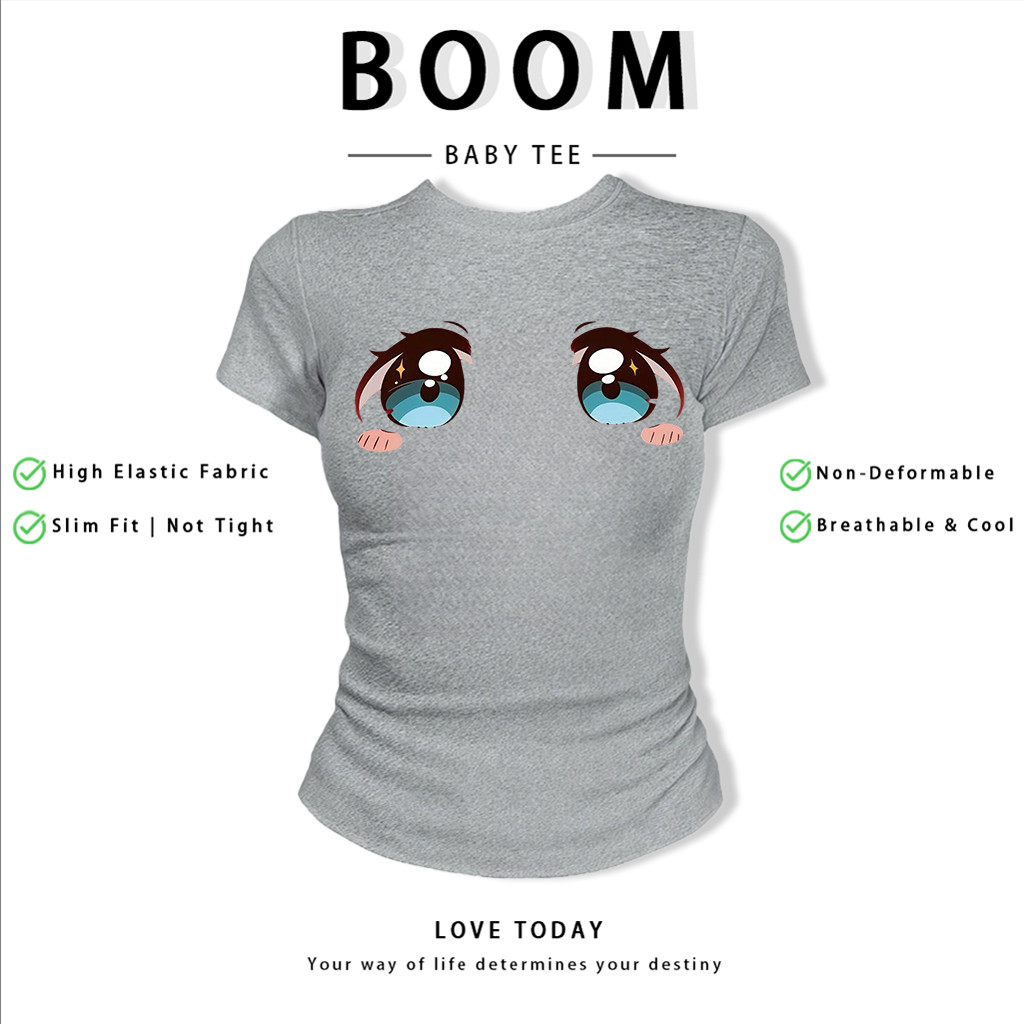 BOOM Áo Baby Tee Nữ Cotton Ôm Body-Áo Thun Ngắn Tay Y2K In Hình PhongCách Mùa Hè, Cổ Tròn Hàng Đầucách hàn quốc phongG82