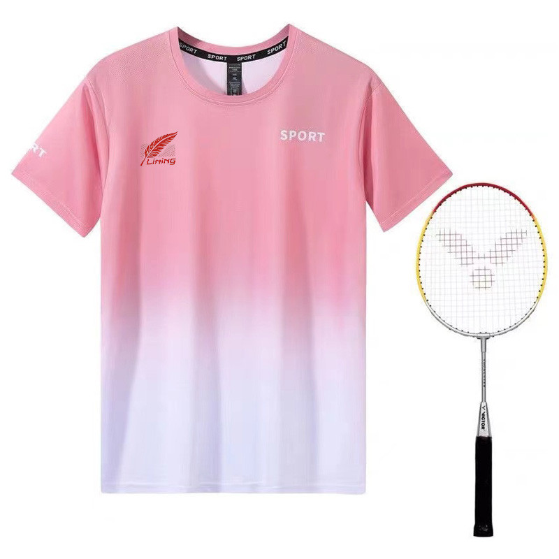 Bộ đồ cầu lông gradient nổi tiếng trên internet Li Ning, vải khô thoáng mát và nhanh chóng, bộ tay ngắn thể thao phong cách cặp đôi