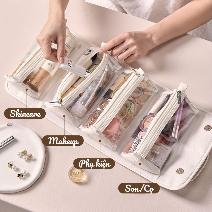 Túi Đựng Mỹ Phẩm Du Lịch Gấp Gọn Có Móc Treo, Túi PU Trang Điểm Nhiều Ngăn Trong Suốt Chống Nước HomeMate
