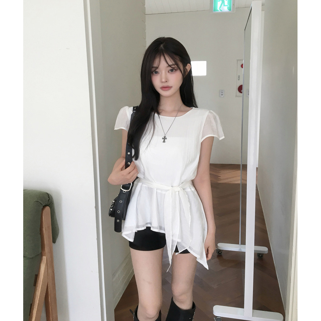 SUXI Áo sơ mi cổ tròn tay ngắn không đều phong cách Hàn Quốc mới mùa hè 260508