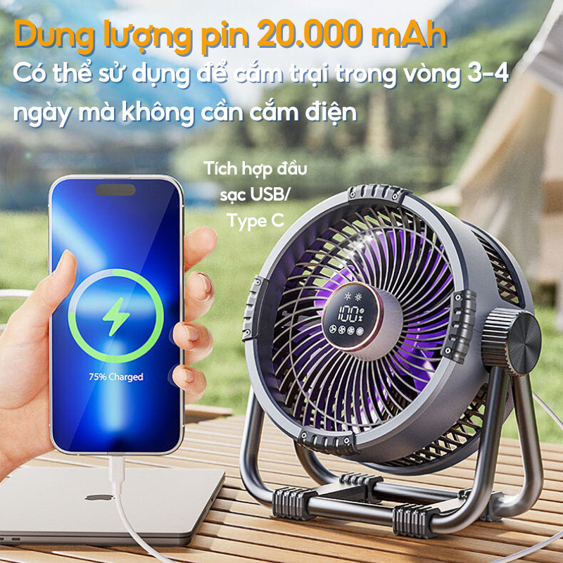 Quạt Tích Điện Tiross TS2285 Chính Hãng Có Điều Khiển Từ Xa Pin 20000mAh Quạt Để Bàn