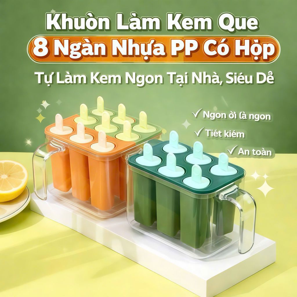 Khuôn Làm Kem Que 8 Ngăn Nhựa PP Cao Cấp Có Hộp Đựng Tự Làm Kem Ngon Tại Nhà An Toàn Cho Bé SanShop