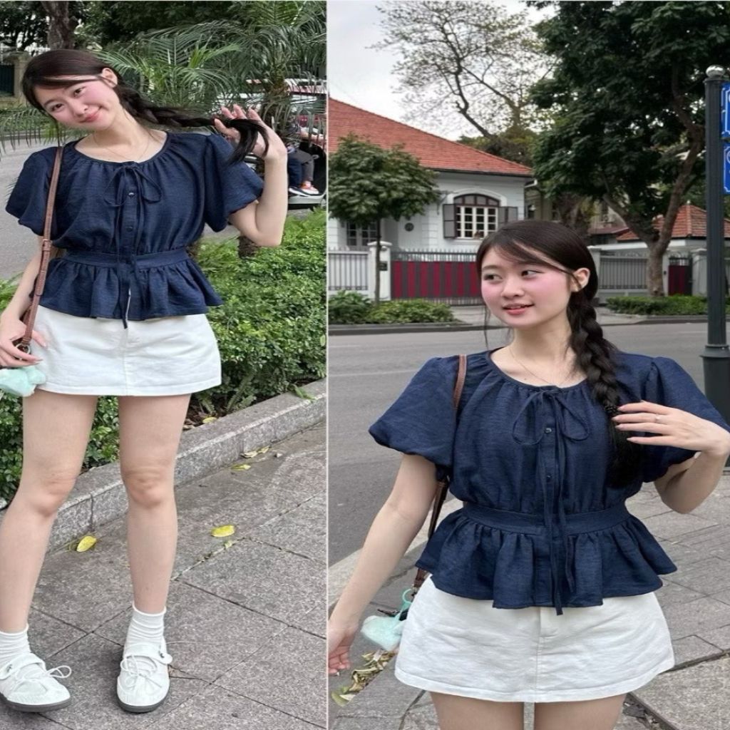 Áo Sơ Mi Cộc Tay Cổ Tròn Tay Bồng Chun Lưng A855 - SamHi Closet