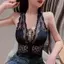 Áo yếm Nữ Mùa Xuân Hot Girl Ren Camisole Ngắn Slim fit Gợi Cảm Không Tay Có Miếng Lót Ngực Mỏng Hơn Nhìn Bên Trong Bên Ngoài Top