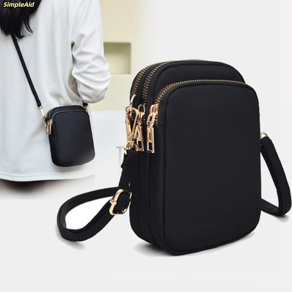 [Vận chuyển nhanh] Túi đeo vai SIMPLEAID, Ví điện thoại di động Nylon treo tường 3 lớp, có phích cắm tai nghe Ví đa chức năng có dây kéo