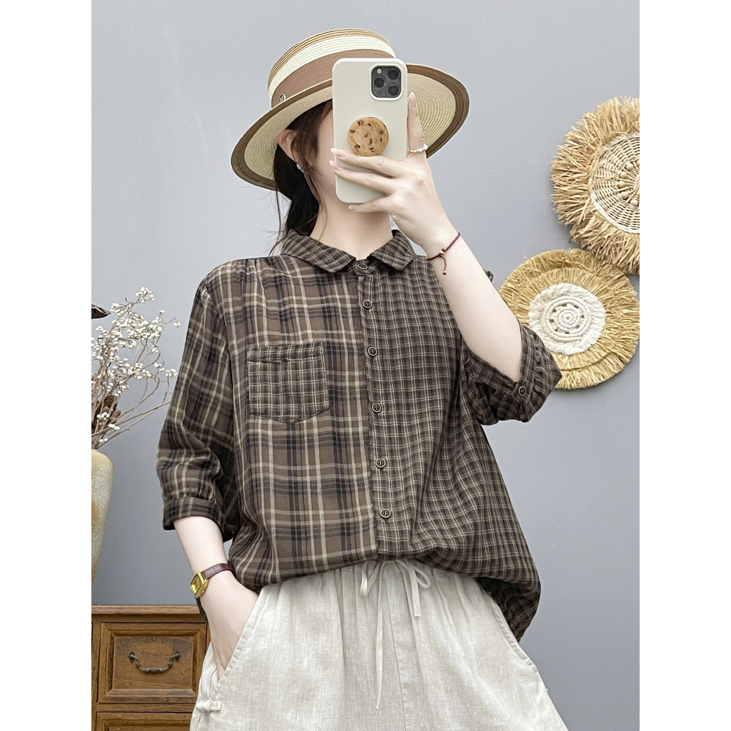 Áo Sơ Mi Nữ Sợi Cotton Cao Cấp Kẻ Sọc Tay Vừa Mùa Hè Mới Thường Ngày Skinny Top