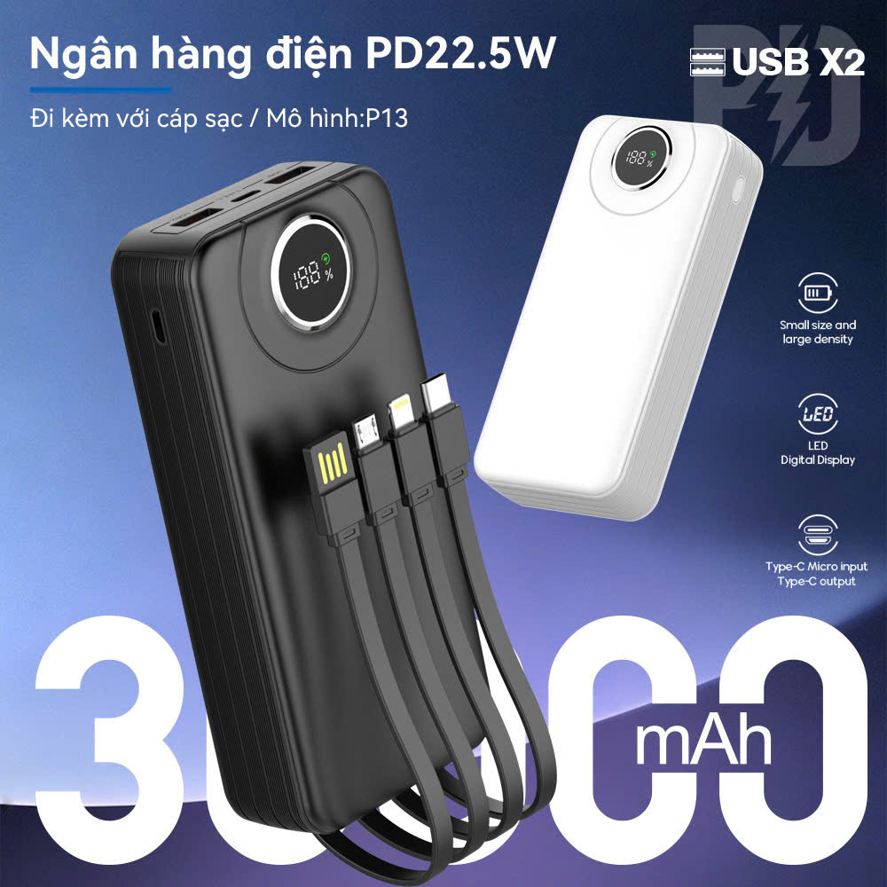 Sạc Dự Phòng 30000mAh Sạc Nhanh 22.5W Chứng Nhận 3C Tích Hợp Sẵn 4 Cáp Sạc & Màn Hình LED Hiển Thị Pin Tiện Lợi