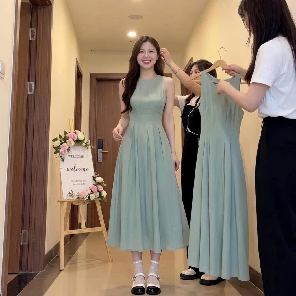 Váy Cổ Yếm Dáng Dài Xòe Chất Chéo Tiểu Thư Hàn Quốc Thanh Lịch Nữ Tính Linh Tây.Clothing V003