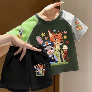 Trẻ Em Raglan Bộ Áo Thun Tay Ngắn Nam Nữ Bé Hoạt Hình Crazy Animal City Top Quần Short Thường Ngày Hai Mảnh Bộ t