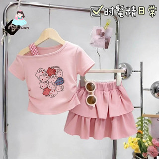 Bộ đồ bé gái lệch vai Hello Kitty - Áo in hình váy tầng xếp siêu dễ thương