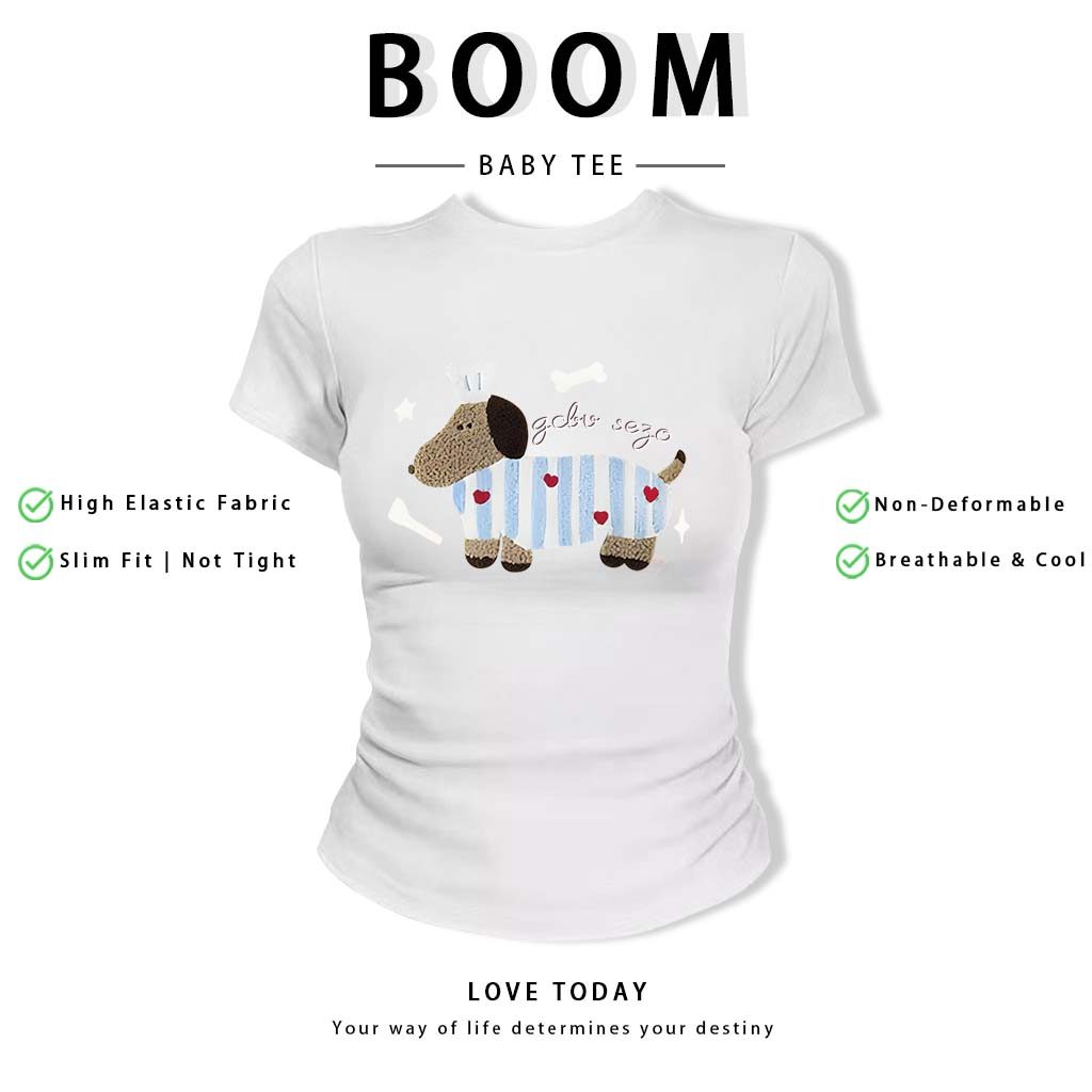 BOOM Áo Baby Tee Nữ Cotton Ôm Body-Áo Thun Ngắn Tay Y2K In Hình PhongCách Mùa Hè, Cổ Tròn Hàng Đầucách hàn quốc phongR20
