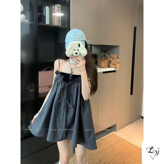 Đầm hoa dáng chữ A phong cách retro Pháp dành cho nữ ngoại cỡ, có dây buộc eo thanh lịch, đầm yếm dáng lửng phong cách Hàn Quốc mùa hè, tôn dáng, dây mảnh và họa tiết kẻ caro.