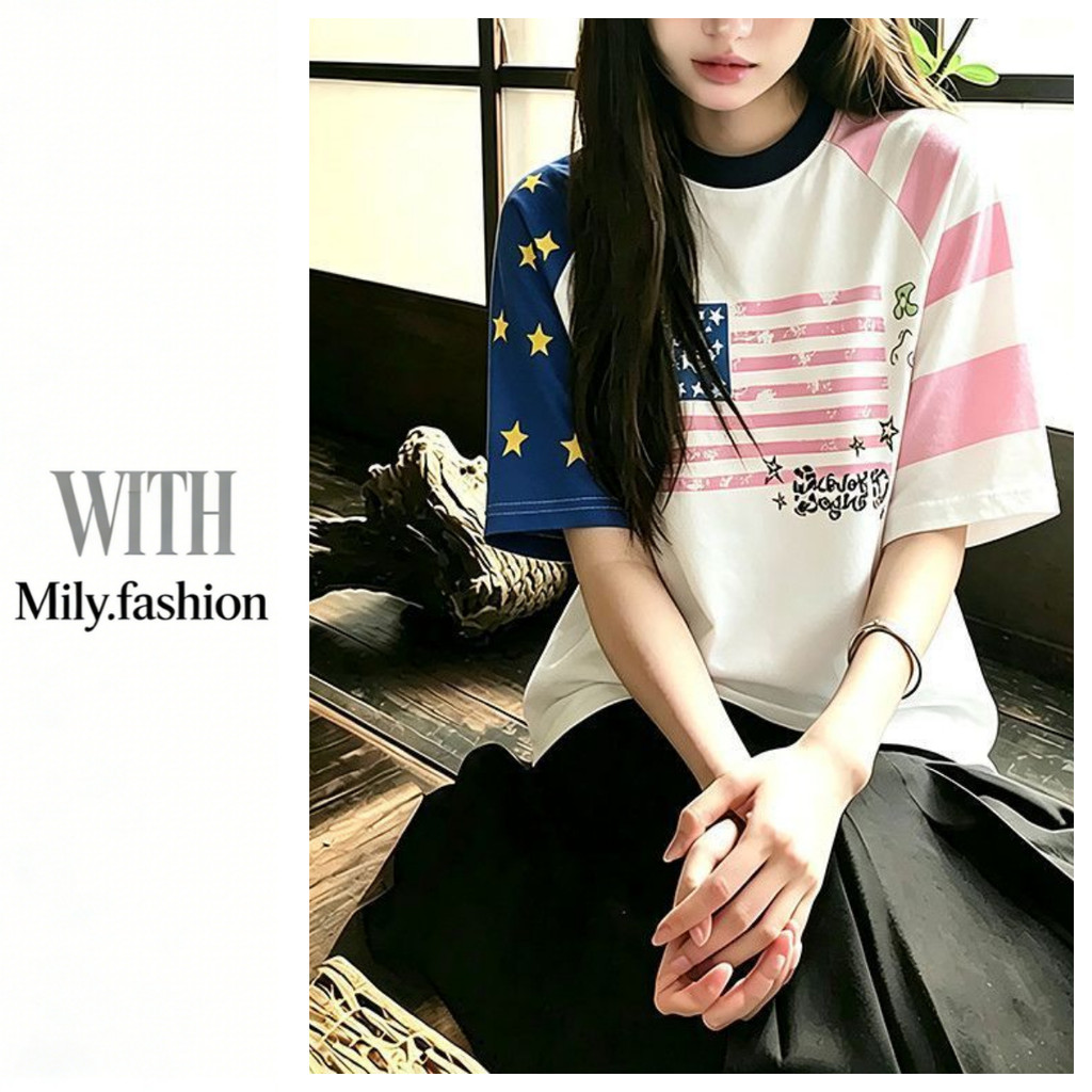 Milyfashion Áo Thun Tay Ngắn Màu Sắc Tương Phản Ngôi Sao, Phong Cách Mỹ Preppy Style Mùa Hè