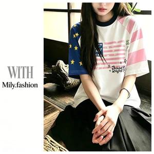 Milyfashion Áo Thun Tay Ngắn Màu Sắc Tương Phản Ngôi Sao, Phong Cách Mỹ Preppy Style Mùa Hè