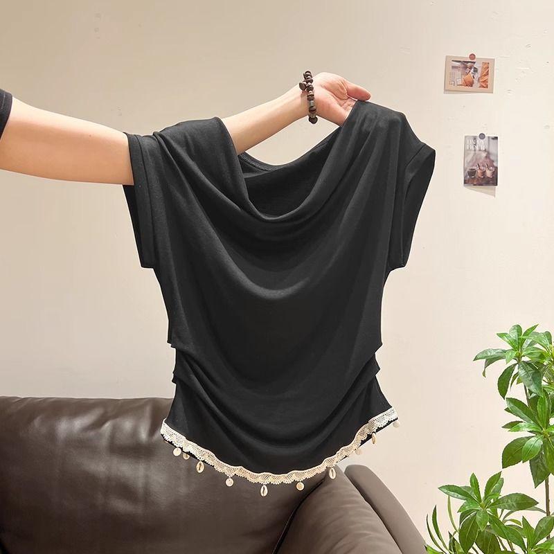[Giảm giá trong thời gian có hạn] Áo thun ngắn tay hở xương đòn Pure Desire dành cho nữ Mùa hè 2026 Phong cách mới Thiết kế khâu ren dáng rộng hàng đầu