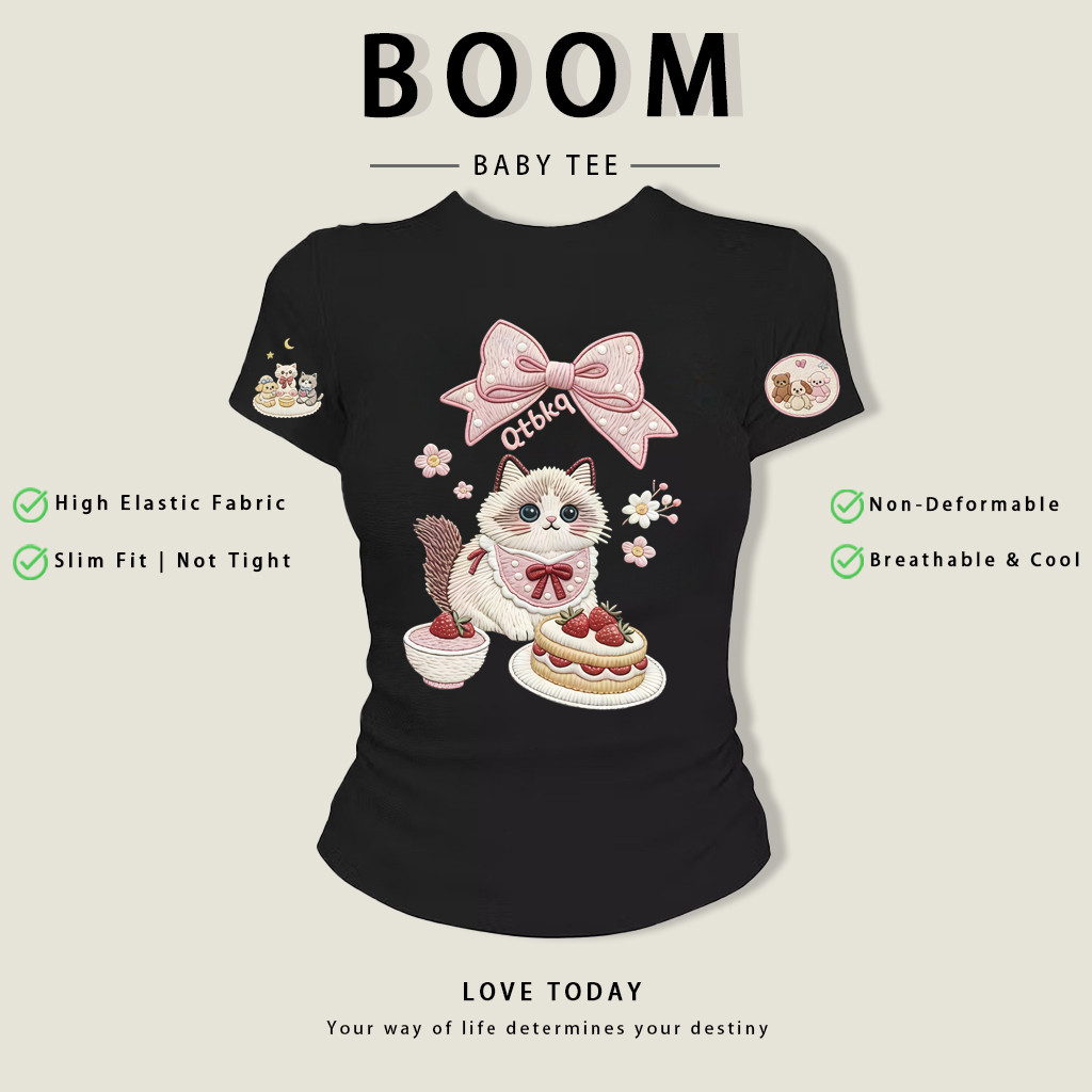 BOOM Áo thêu Baby Tee Nữ Cotton Ôm Body-Áo Thun Ngắn Tay Y2K In Hình PhongCách Mùa Hè, Cổ Tròn Hàng Đầucách hàn phong#02