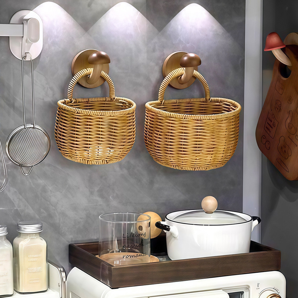 Giá để đồ nhà bếp treo tường cho vỏ sò Gừng và tỏi có móc và giỏ dệt