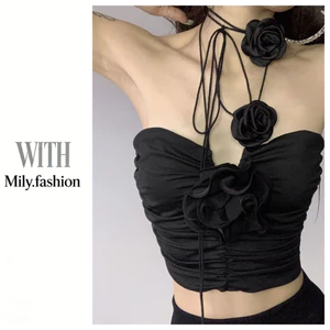 **Milyfashion Áo thun dây cổ dáng ngắn nữ, đính hoa hồng 3D, phong cách gợi cảm đen tuyền, kiểu quấn cổ độc đáo