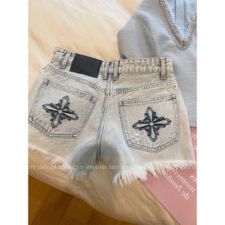 Quần short jean cạp cao ống thẳng nữ | Thêu viền tua rua size lớn | Hè 2026 hàng ngày