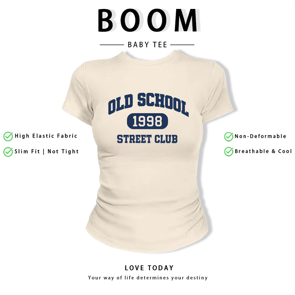 BOOM Áo Baby Tee Nữ Cotton Ôm Body-Áo Thun Ngắn Tay Y2K In Hình PhongCách Mùa Hè, Cổ Tròn Hàng Đầucách hàn quốc phongA48
