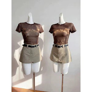 Milyfashion Áo Thun Nữ Mùa Hè Retro, Hai Lớp Không Gạc, Cổ Tròn In Hình, Fit Ôm Dáng