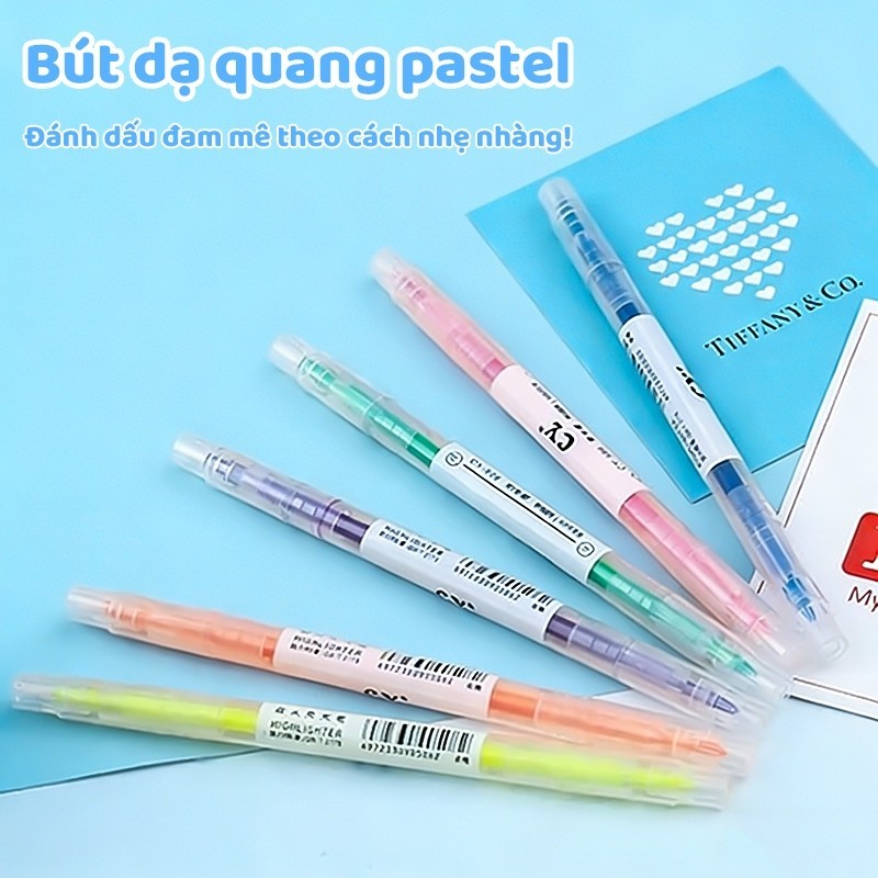 Bộ 6 bút highlight pastel dạ quang 2 đầu tiện lợi, màu tươi sáng, phản quang tốt, nhiều màu