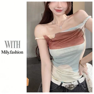 Milyfashion Slim-fit Slimmer Look Pure Desire Smudge Tranh sơn dầu trừu tượng In gạc Dây đeo quây không đều Y2K Nữ tính Phong cách Hàn Quốc YPXG