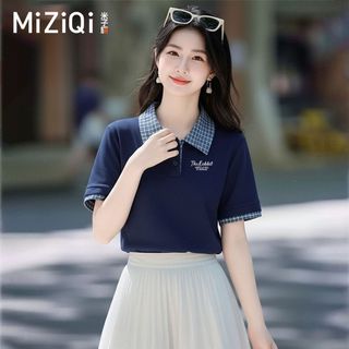 [MIZIQI] Áo thun ngắn tay hai mảnh cổ Polo giả dành cho nữ, Áo thun nữ dáng rộng thường ngày mùa hè
