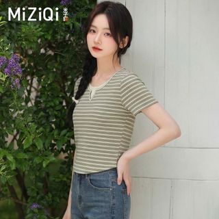 【MIZIQI】Áo thun ngắn tay sọc ngang dành cho nữ, áo hai dây ngắn tay giả dáng rộng