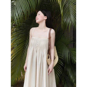 Đầm maxi 2 dây, váy dài linen xếp li ngực dáng suông đi chơi, du lịch đi biển MyaHouse