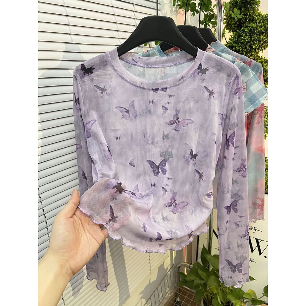 Milyfashion Tie-Dye In Gạc Chống Nắng Dài Tay T Mỏng Tím Ngắn