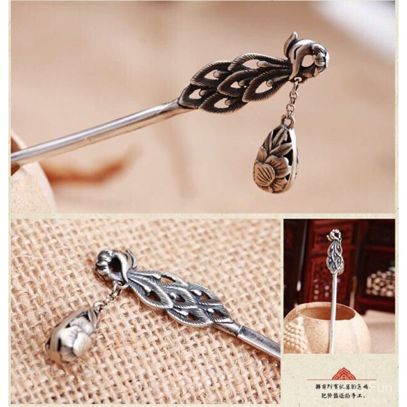 Thái Bạc Phượng Hoàng Mặc Hoa Mẫu Đơn Kẹp Tóc Phong Cách Dân Tộc Con Công Tua Rua Trung Quốc Cổ Điển Cung Điện Hoa Mẫu Đơn Cuộn Bun Mũ Đội Đầu
