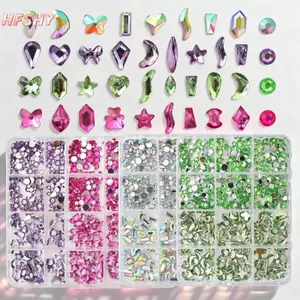 HFSHY 12 Lưới Đáy Phẳng Hỗn Hợp Móng Tay Kim Cương 12 Màu Móng Tay Kim Cương Giả Sáng Bóng Nhiều Màu Sắc Móng Tay Đá Thủy Tinh Móng Tay Charm Phụ Kiện VN