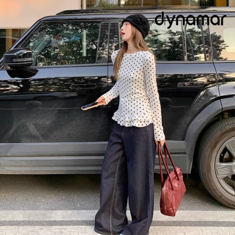 【dynamar】HÀNG CÓ SẴN-Áo thun dài tay chấm bi kiểu dáng ngọt ngào, viền bèo nhún, cổ tròn dành cho nữ.