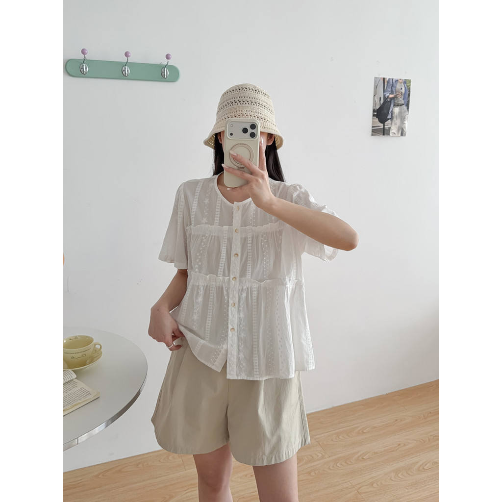 [Sẵn Sàng] Áo Sơ Mi Nữ 100% Sợi Cotton Cao Cấp 2026 Mùa Hè Mới Thêu Jacquard Màu Trơn Áo Sơ Mi Tay Ngắn Rời