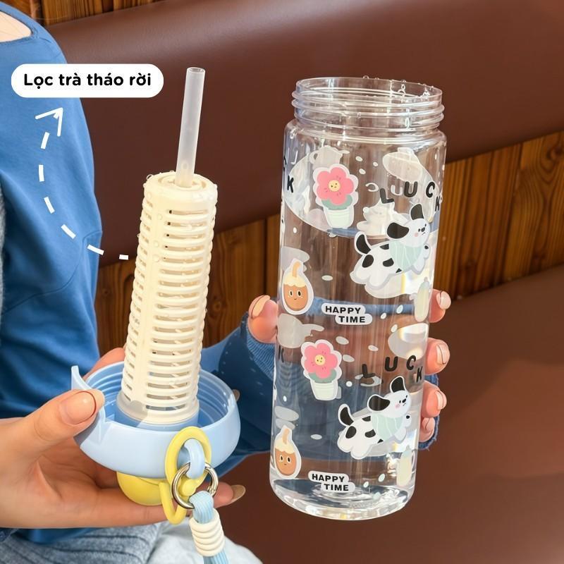 Bình Nước Xcup Trong Suốt  720ml – Họa Tiết Hoạt Hình Dễ Thương, Có Ống Hút & Lưới Lọc Trà Tiện Lợi
