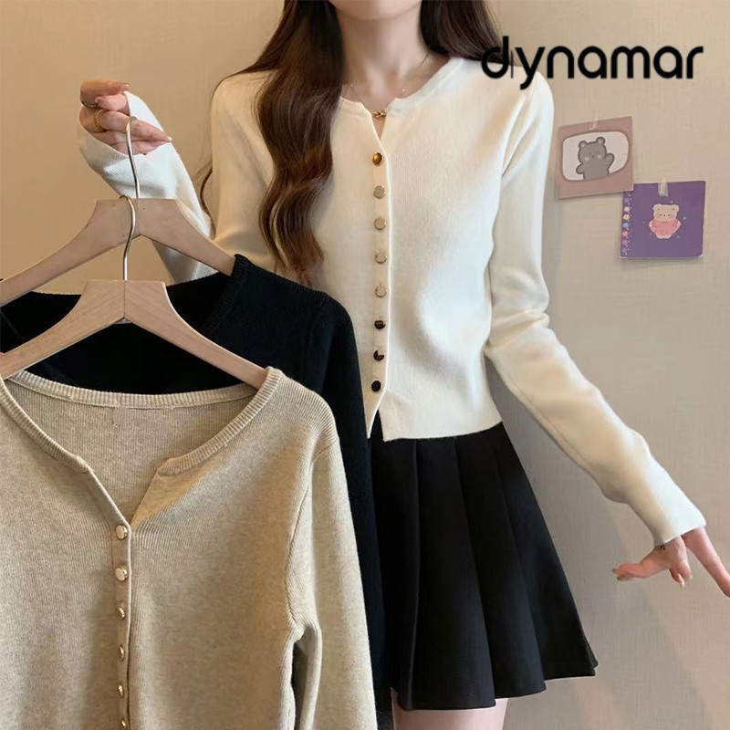【dynamar】Áo khoác cardigan dệt kim kiểu dáng thanh lịch, cài khuy đơn, chất liệu kim loại, dành cho nữ, màu trơn.