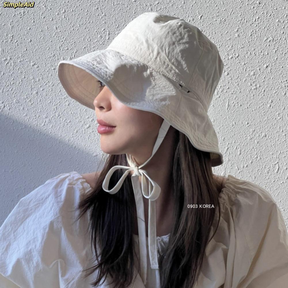 [Vận chuyển nhanh] Mũ ngư dân SIMPLEAID, Mũ chống nắng buộc dây mỏng, Dây chắn gió thông thường Mũ xô buộc màu trơn mùa hè