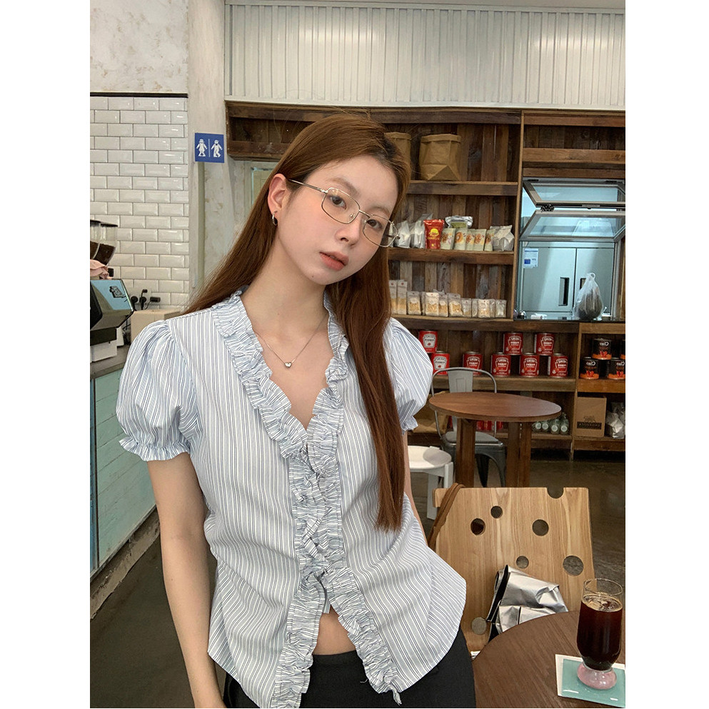 SUXI Áo sơ mi ngắn tay sọc kiểu Pháp nhẹ nhàng dành cho nữ mùa hè mới 260512